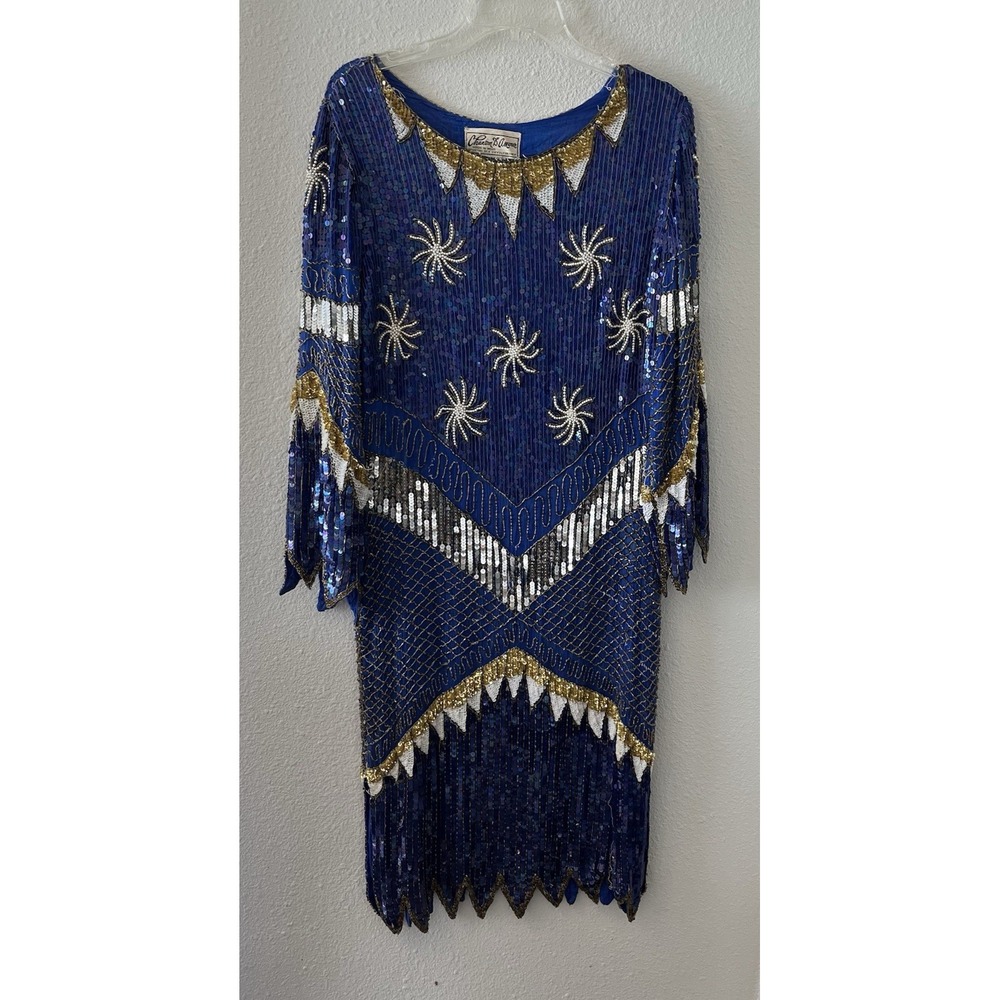 Vintage 80's Chanson D'Amour Womens Flapper Dress 100% Silk Sequin Beaded Blue